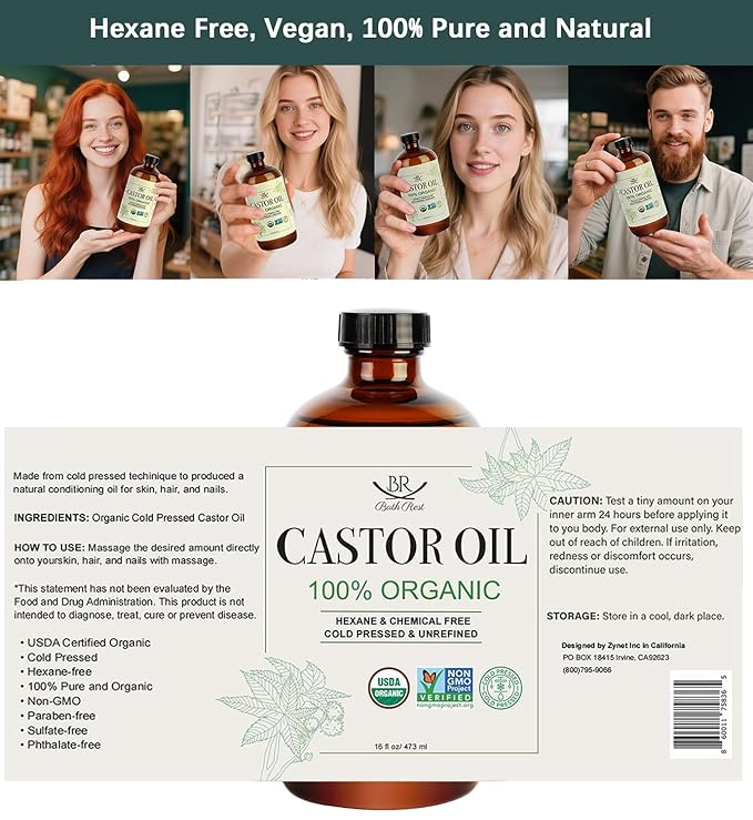 Castor Oil Organic Cold Pressed Unrefined Glass Bottle 100% Pure for Hair Growth Eyelashes Brows Castor Oil Packs, Natural Skin Moisturizer, USDA Certified Hexane Free Vegan 16 oz (473ml)