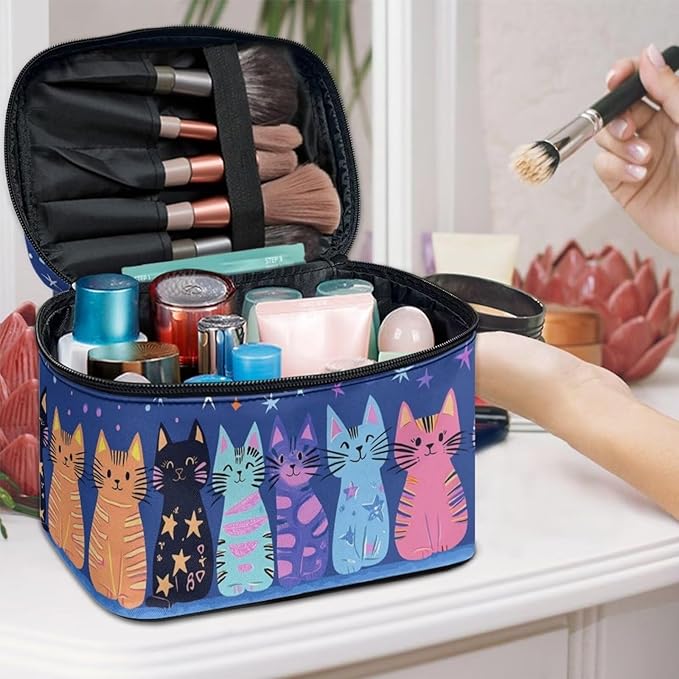 JoyLamoria Cat Star Travel Makeup Bag Cute Brush Bag Toiletry Bag for Women