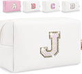 Small Personalized Glitter Initial Letter Makeup Bag, Cute PU Leather Chenille Letters Cosmetic Bag Travel Makeup Pouch, Preppy Travel Organizer Zipper Pouch for Women&Girls（White-J）