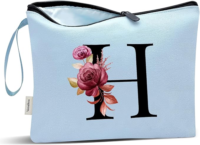 Vavabox A-Z Personalized Makeup Bag, Birthday Gifts for Women Mom, Gifts for Best Friend, Bride Bridesmaid Cosmetic bag (H, Blue)