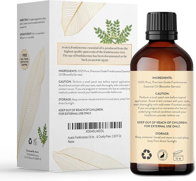 Avatra Frankincense Essential Oil 100ML (3.38 OZ) with Glass Dropper and Travel Bottle, Pure and Natural Therapeutic Grade Frankincense Oil for Diffuser, Aromatherapy, Massage, and DIY Candle Products