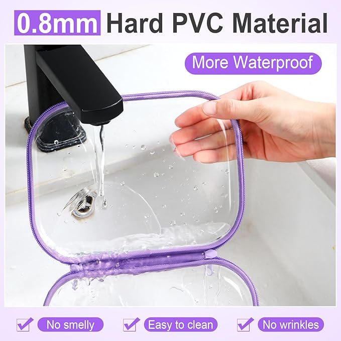 Sanwuta 6 Pcs Clear Hard Zipper Case Hard Plastic Zipper Pouches Makeup Bag Pencil Pouches Transparent Cases for Snacks Plastic Storage Organizer Box for Travel(Purple,7.87 x 5.9 x 2 Inch)
