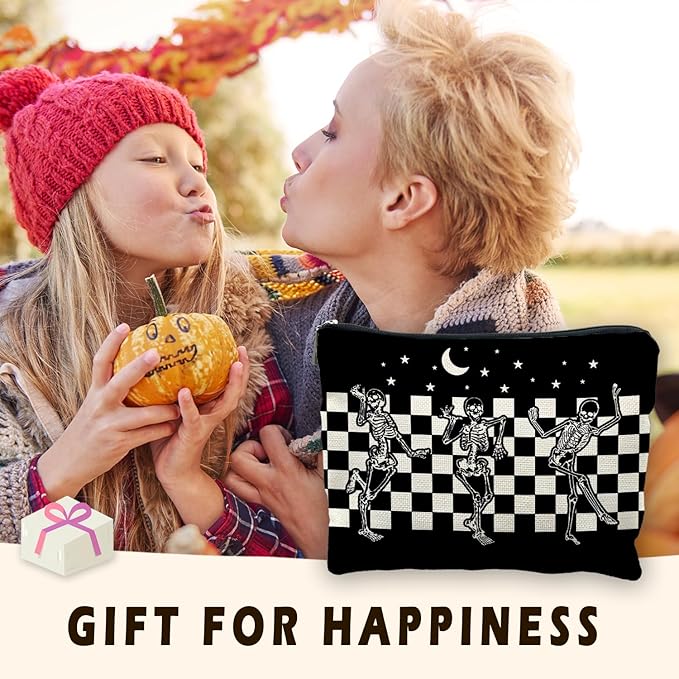 Goth Spooky Gifts for Women, Gothic Horror Skeleton Black Makeup Bag Cosmetic Pouch