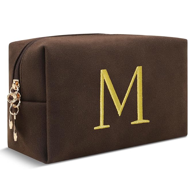 Personalized Initial Makeup Bag,Preppy Suede Cosmetic Bag for Teen Girls,Small Monogram Travel Toiletry Bag With Gold Embroidered Letter,Trendy Stuff Custom Christmas Gift for Women(Coffee-M)