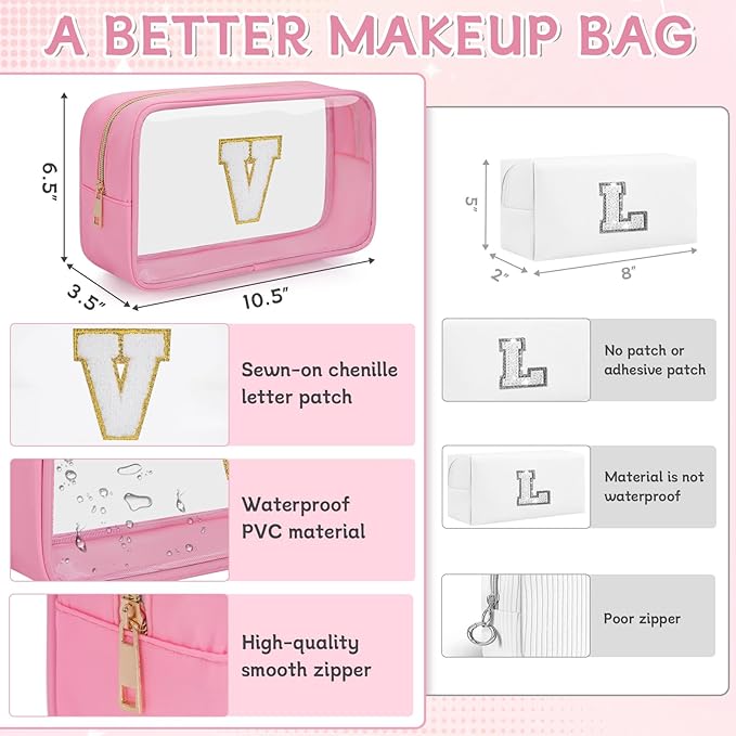 Personalized Initial Clear Makeup Bag, Travel Chenille Patch Cosmetic Bag, Preppy Toiletry Bag Monogram Cosmetic Pouch with Zipper, Ideal Gift for Teen Girls Women (Clear-Pink, V)