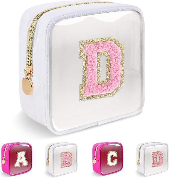 Personalized Initial Letter Clear Preppy Makeup Bag,Mini Nylon Chenille Letter Cosmetic Bag Cute Zipper Pouch Purse for Teen Girls,Portable TSA Approved Beach Travel Essentials Bag Gift for Women,D