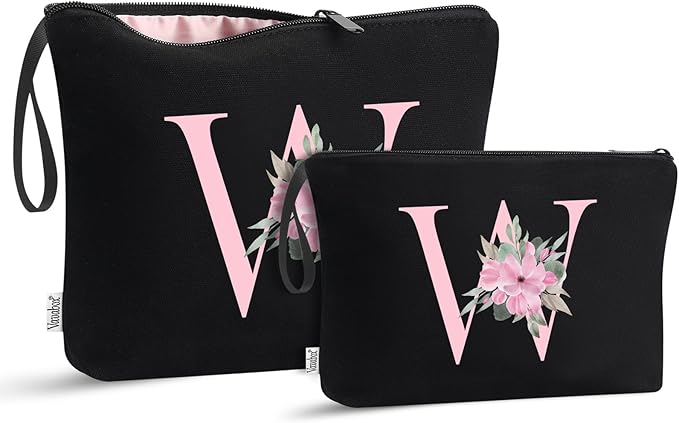 Vavabox A-Z Personalized Makeup Bag, Birthday Gifts for Women Mom, Gifts for Best Friend, Bride Bridesmaid Cosmetic bag (W, 04-Black Set)