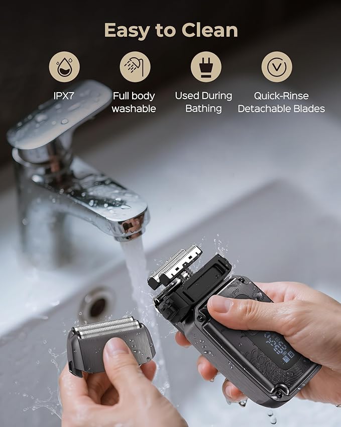 Foil Shaver for Men, Electric Razor for Men Face Beard, Waterproof Cordless Electric Razor for Travel, 4-Speed Setting, USB-C Rechargeable, LED Battery Display, Barber or Home Use (Gray)