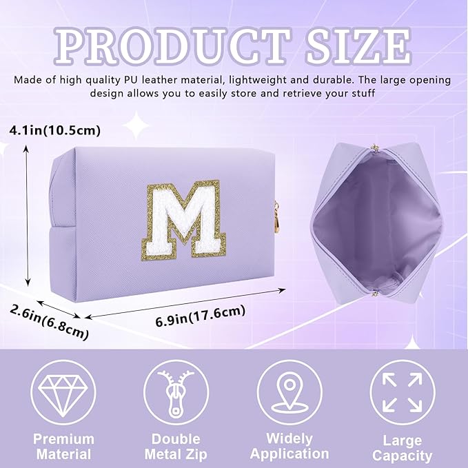 Personalized Initial Letter Patch Makeup Bag, Preppy Small Chenille Cosmetic Bag with Zipper, PU Leather Waterproof Travel Toiletry Bag Monogram Make Up Pouch for Women Girls