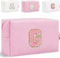 Small Personalized Glitter Initial Letter Makeup Bag, Cute PU Leather Chenille Letters Cosmetic Bag Travel Makeup Pouch, Preppy Travel Organizer Zipper Pouch for Women&Girls（PinkPink-G）