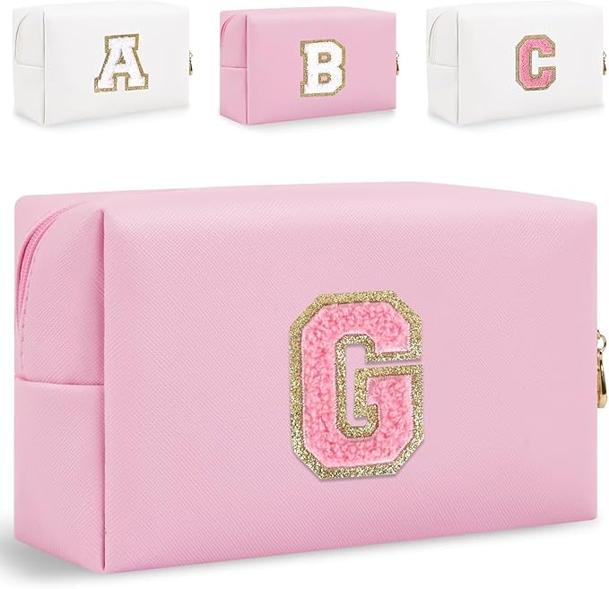 Small Personalized Glitter Initial Letter Makeup Bag, Cute PU Leather Chenille Letters Cosmetic Bag Travel Makeup Pouch, Preppy Travel Organizer Zipper Pouch for Women&Girls（PinkPink-G）