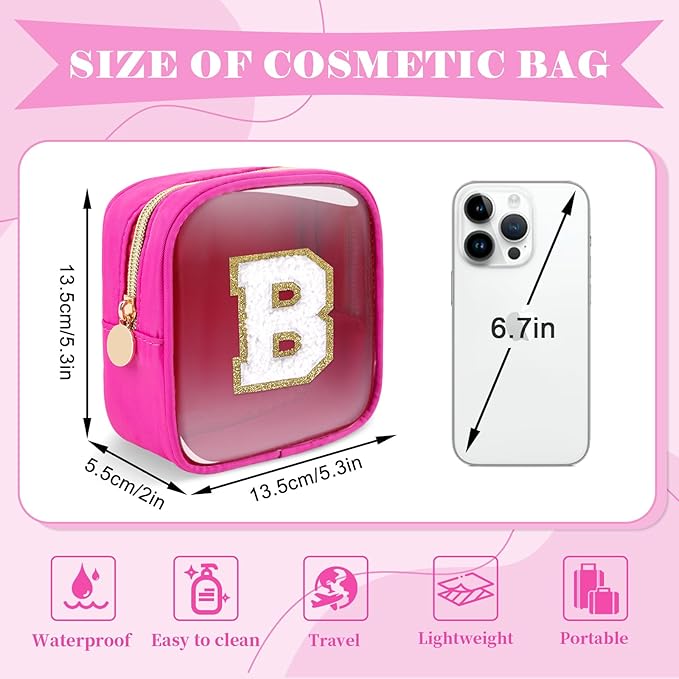 Personalized Initial Letter Clear Preppy Makeup Bag,Mini Nylon Chenille Letter Cosmetic Bag Cute Zipper Pouch Coin Purse for Teen Girls,Portable TSA Approved Travel Essentials Bag Gift for Women,B