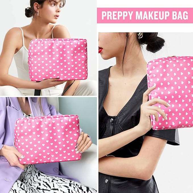 Nylon Large Makeup Bag Travel Cosmetic Bag Pouch, Big Preppy Makeup Bag Cute Cosmetic Zipper Pouch Purse, Waterproof Toiletry Bag Clutch Makeup Organizer Travel Essentials for Women Girls(Pink Heart)