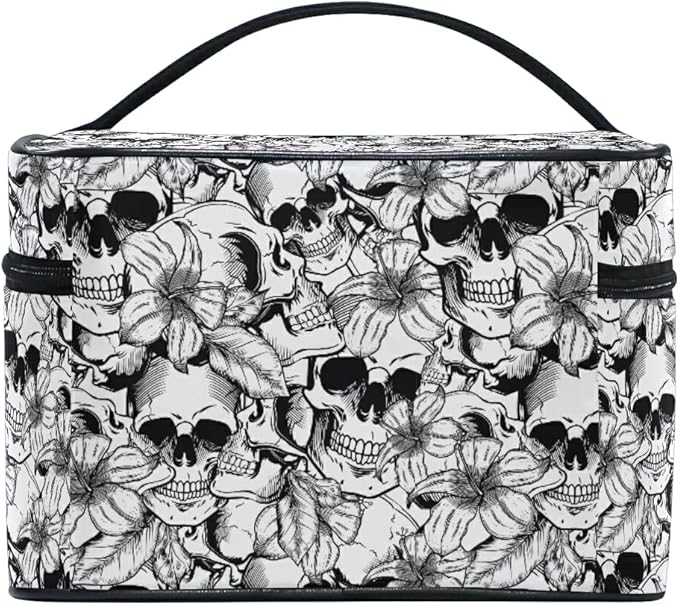 Goth Skull Makeup Bag, Gothic Skull Flowers Makeup Organizer Bags Toiletry Bag Box Travel Cosmetic Bag Make Up Train Case for Women Teen Girl Ladies