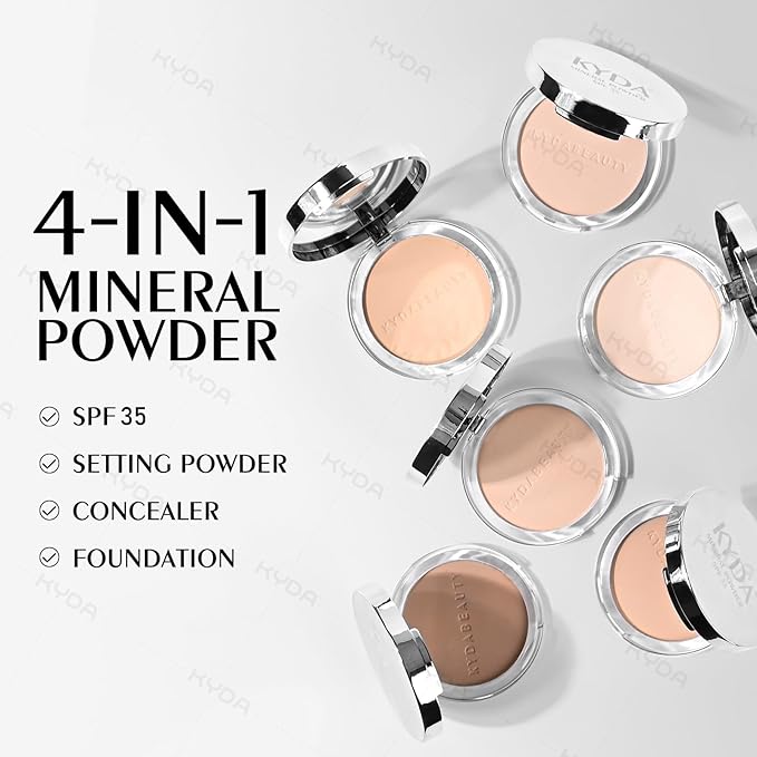 KYDA Mineral Powder, SPF 35, 4-in-1 Mineral Pressed Powder Foundation with Concealer and Setting, Matte Weightless Pressed Foundation, Light to Medium Coverage, #LIGHT