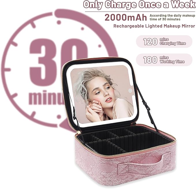 Travel Makeup Bag with LED Mirror – 3 Brightness Modes, Portable Lighted Makeup Case with Adjustable Dividers, Cosmetic Organizer Gift for Women (Pink)