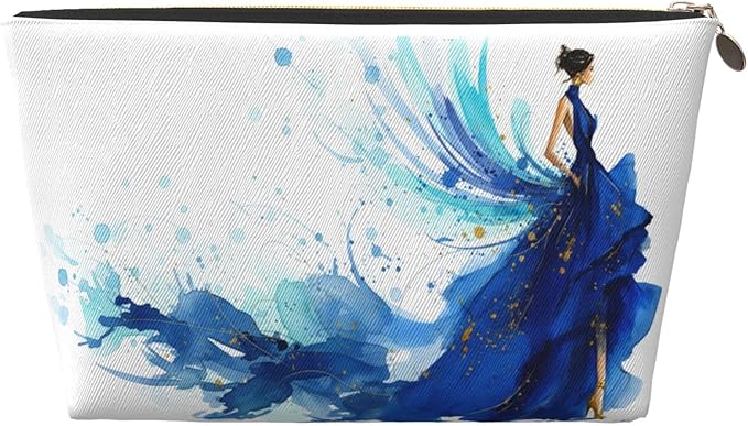 Womens Leather Makeup Bag Cosmetic Bag Travel Toiletry Bags Make Up Bags for Women Adult (Elegant Blue Lady)