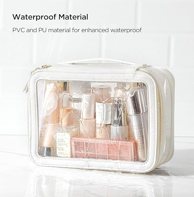 HBlife Clear Makeup Bag Organizer Set, Portable Travel Toiletry Cosmetic Case for Women, Large Make Up Bag Makeup Train Case Transparent Storage Pouch with Handle(White)