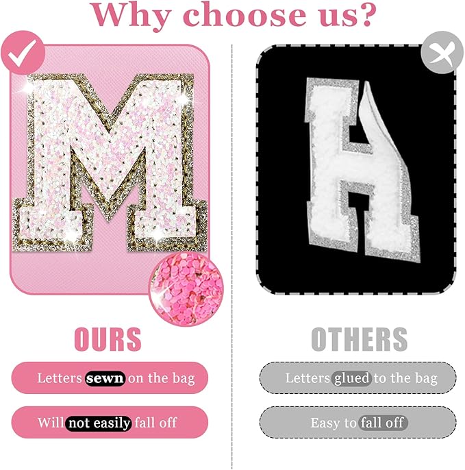 Initial Letter Patch Makeup Bag, Small Preppy A-Z Glitter Letter Cosmetic Bag, PU Leather Waterproof Travel Toiletry Bag,Cute Make Up Pouch Personalized Monogrammed Gift for Women Teen Girls(Letter M)