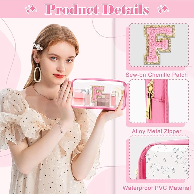 Personalized Initial Letter Clear Makeup Bag,Preppy Small Nylon&PVC Cosmetic Zipper Bag with Chenille Letter,Portable Beach Travel Skincare Toiletry Bag,Trendy Monogram Gift for Teen Girls Women,F