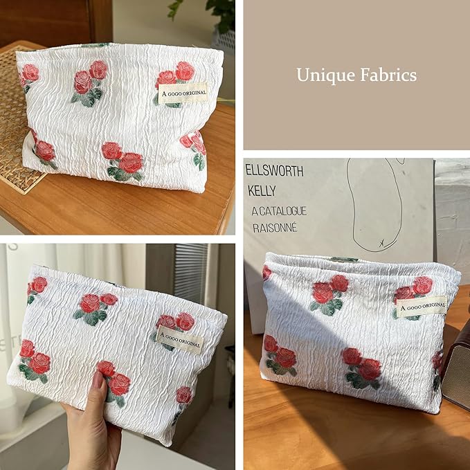 STARDW Flower Cosmetic Bags Makeup Bags for Women and Girls,Travel Makeup Bag Large Capacity Canvas Makeup Bag,Makeup Organizer Bag Zipper Pouch (Rose Red)