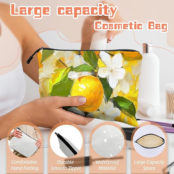Cosmetic Bags Travel Makeup Toilet Case Waterproof Pouch for Women Girls 6.7X9.45inches - Oil Painting of Lemons And White Flowers