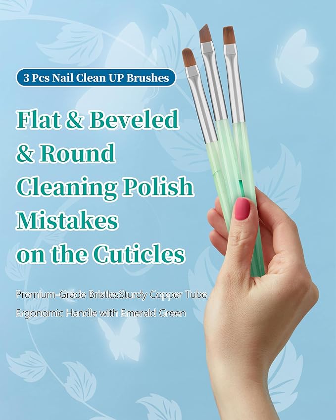 3PCS Nail Polish Clean Up Brush, Round&flat&Angled Acetone Resistant Nail Brush for OPI Nail Polish Remover, Fingernail Cleaning Brushes at Home Nail Art and Designs(Emerald Green)