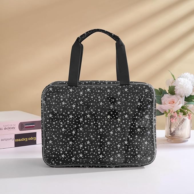 Yaopeing 2Pcs PVC Clear Makeup Bag Organizer for Women,Star Transparent Cosmetic Case Travel Toiletry Pouch with Zipper,Large Make Up Purse for Daily Accessory,Black