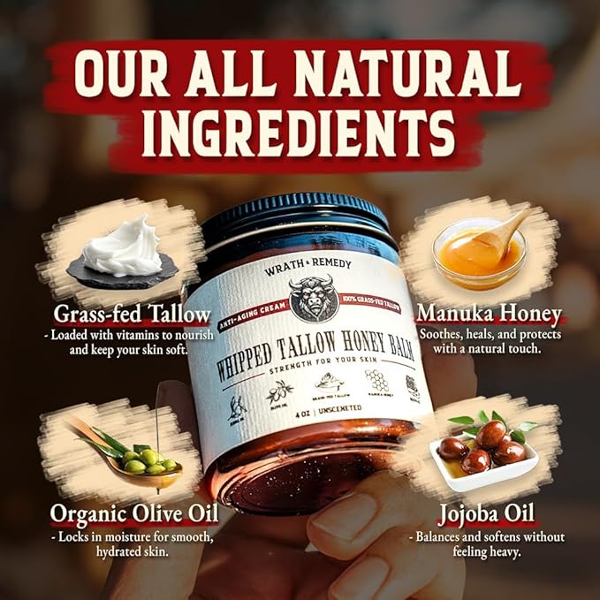 Organic Beef Tallow for Skin - 4 OZ (Pack of 3) — Grass Fed Beef Tallow for face + Body — US-Made Whipped Tallow and Honey Balm Moisturizer for Dry and Sensitive Skin, Eczema, Rosacea (No Additives)