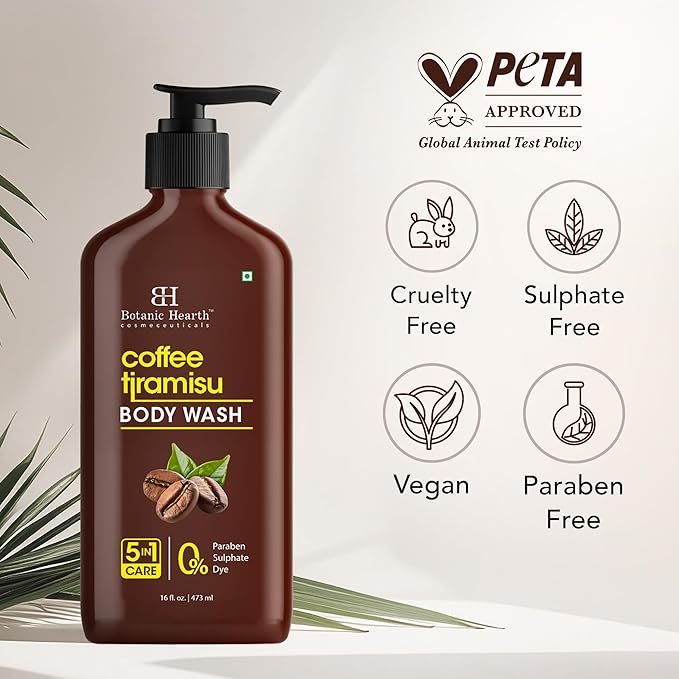 Botanic Hearth Coffee Tiramisu Body Wash, 5-in-1 Care Formula, Paraben & Sulphate Free, 16 fl oz (473 ml), Nourishing Body Cleanser with Invigorating Coffee Aroma