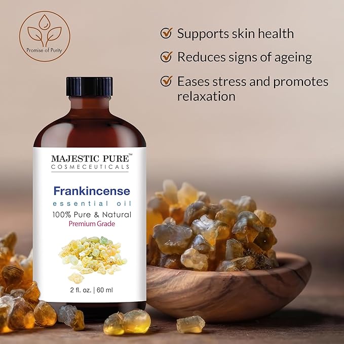 Majestic Pure Frankincense Essential Oil with Glass Dropper - 2 Fl Oz - 100% Pure and Natural Frankincense Oil - Premium Grade Essential Oils for Diffuser, Aromatherapy, Soap and Candle Making