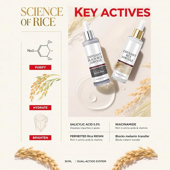 Glow Rice Ampoule Duo - 2PCS White & Black Rice Exfoliant,Rice Exfoliator for Face & Body,Gentle Peel to Remove Dead Skin & Blackheads,Rejuvenating Hydration Rice Ampoule Exfoliant for All Skin Types