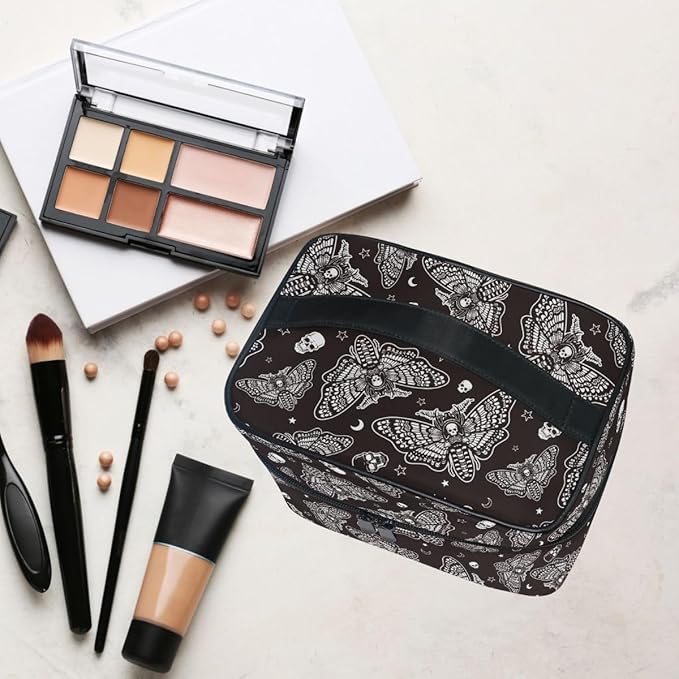 Makeup Bags, Gothic Moth Skull Moon Esoteric Makeup Organizer Bags Toiletry Bag Box Travel Cosmetic Bag Make Up Train Case for Women Teen Girl Ladies