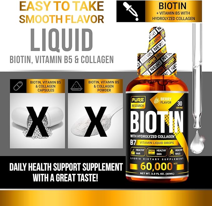 PURE RESEARCH Biotin & Collagen 60,000mcg Hair Growth Liquid Drops, Supports: Strong Nails, Glowing Skin, Healthy Hair Growth, More Absorption Than Capsules & Pills (4Fl Oz)