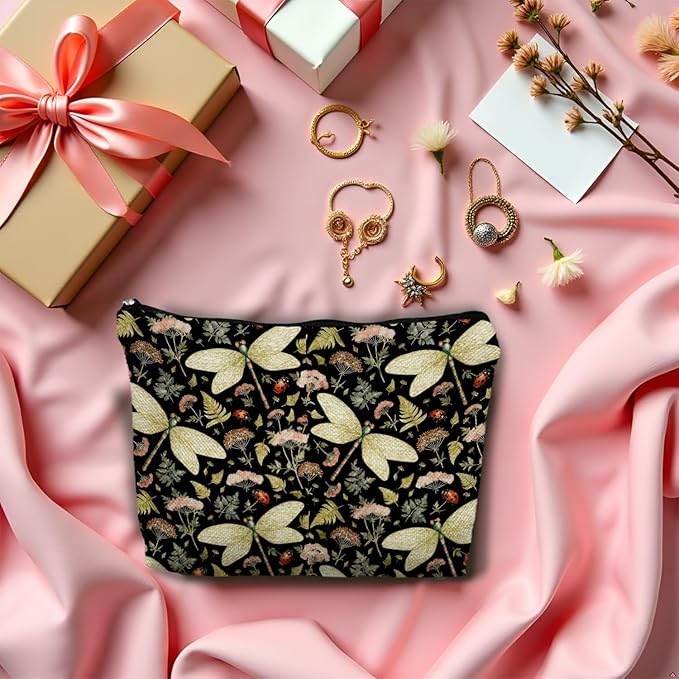 Vintage Floral Dragonfly Makeup Bag, Dragonfly Gifts Cosmetic Bags for Women, Dark Cottagecore Floral Botanical Insects Portable Travel Toiletry Bag Zipper Makeup Pouch