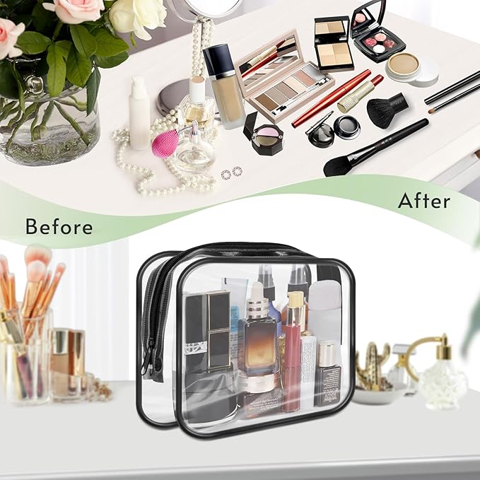 16 Pieces Clear Makeup Bags Bulk, TSA Approved Toiletry Bags Travel Pouch, Waterproof PVC Plastic Small Clear Cosmetic Bags with Zipper for Organizing (Black Border)