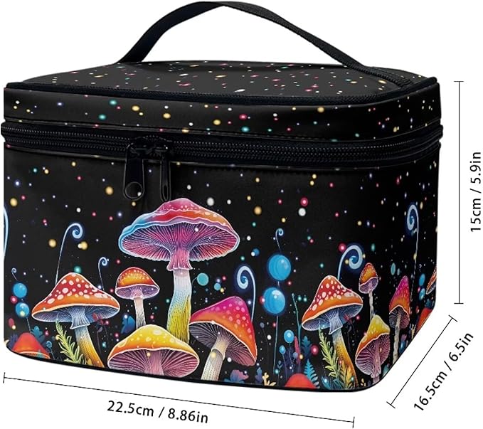 Colorful Mushrooms Pattern Makeup Bag Travel Cosmetic Bag with Zipper and Handle Portable Large Capacity Toiletry Case for Women Ladies Travel Accessories