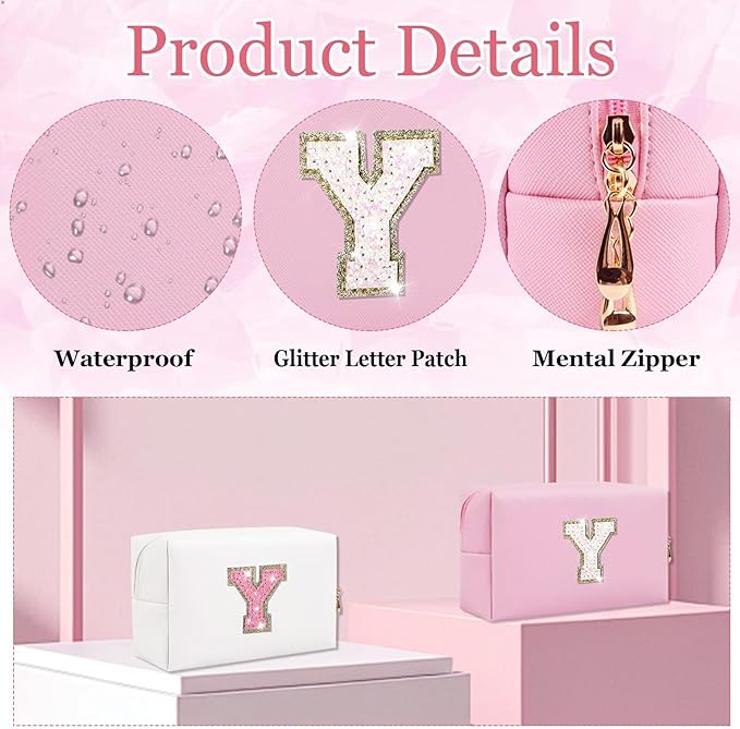 Small Personalized Glitter Initial Letter Makeup Bag, Cute PU Leather Chenille Letters Cosmetic Bag Travel Makeup Pouch, Preppy Travel Organizer Zipper Pouch for Women&Girls（Pink-Y）