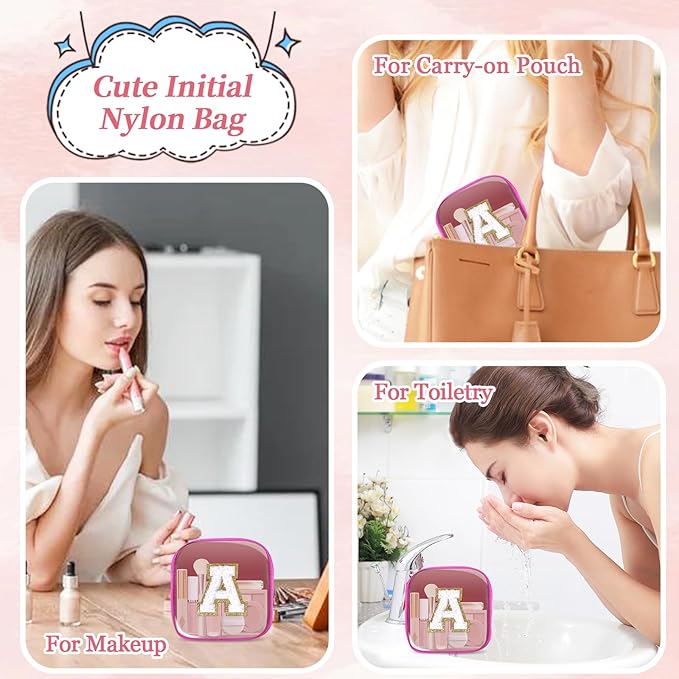 Mini Clear Personalized Initial Makeup Bag,Nylon Preppy A-Z Chenille Letter Patch Zipper Cosmetic Bag, Small Cute Beach Pouch Travel Purse Sanitary Napkin Storage Bag for Women Girls(Hot Pink-White A)
