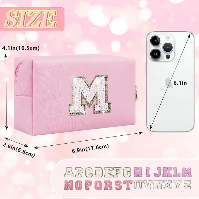 Initial Letter Patch Makeup Bag, Small Preppy A-Z Glitter Letter Cosmetic Bag, PU Leather Waterproof Travel Toiletry Bag,Cute Make Up Pouch Personalized Monogrammed Gift for Women Teen Girls(Letter M)