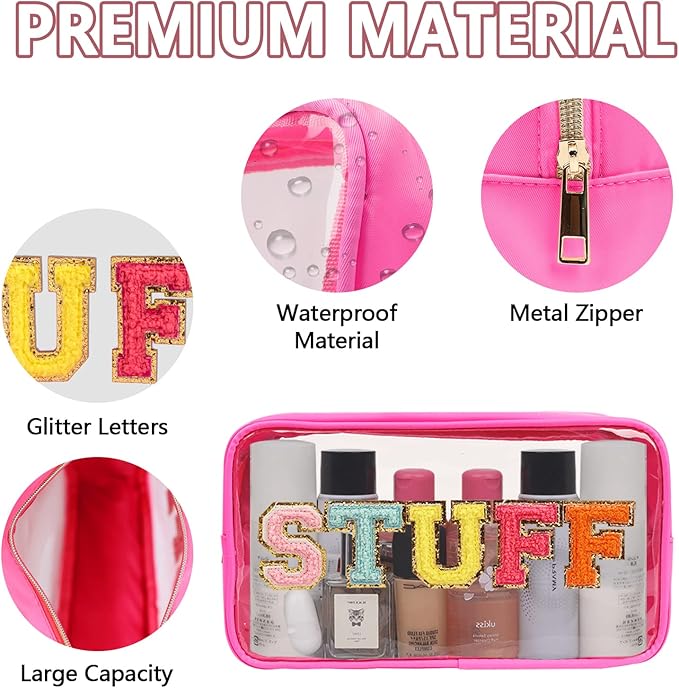 Iqimott Clear Patch Makeup Bag Stuff Pouch, Preppy Personalized Chenille Letter Cosmetic Pouch for Travel, Nylon Waterproof Travel Essentials Zipper Toiletry Bags for Women Girls(STUFF, RoseRed)