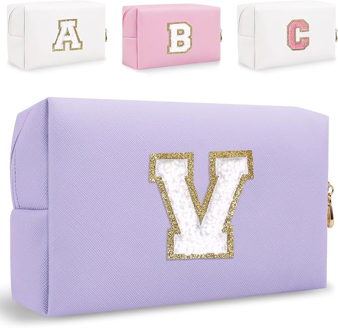Small Personalized Letter Makeup Bag, Cute PU Leather Chenille Letters Cosmetic Bag Travel Makeup Pouch, Preppy Travel Organizer Zipper Pouch for Women&Girls（Purple-V）