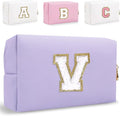 Small Personalized Letter Makeup Bag, Cute PU Leather Chenille Letters Cosmetic Bag Travel Makeup Pouch, Preppy Travel Organizer Zipper Pouch for Women&Girls（Purple-V）