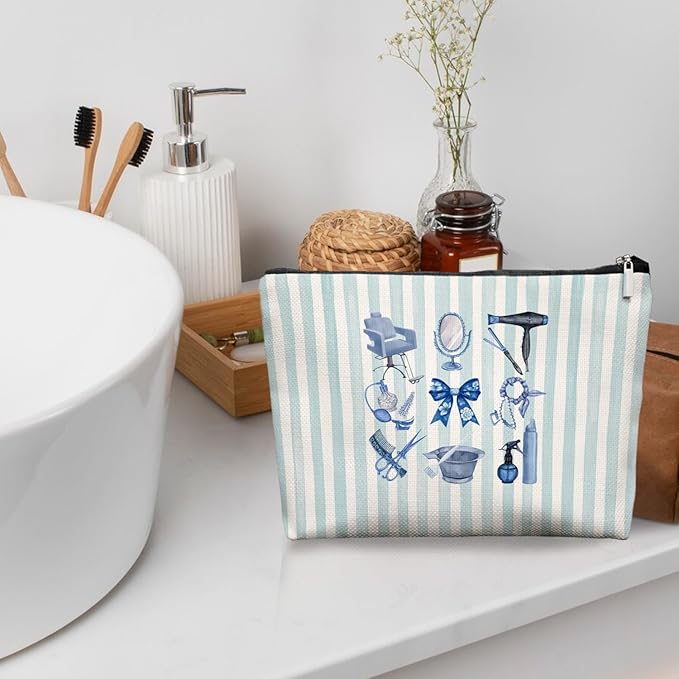 Chinoiserie Hairstylist Gifts Women Makeup Bag Make Up Bag, Blue Bow Cosmetic Bags for Hairstylists, Hairdresser Gifts for Cosmetology Student Teen Girls