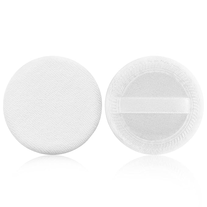 Sibba Powder Puff 2PCS Cotton Cosmetic Face Makeup Velour Powder Pads with Ribbon for Loose and Foundation Round White Dry Puff Suitable for Eyeshadow Blush Concealer and etc.