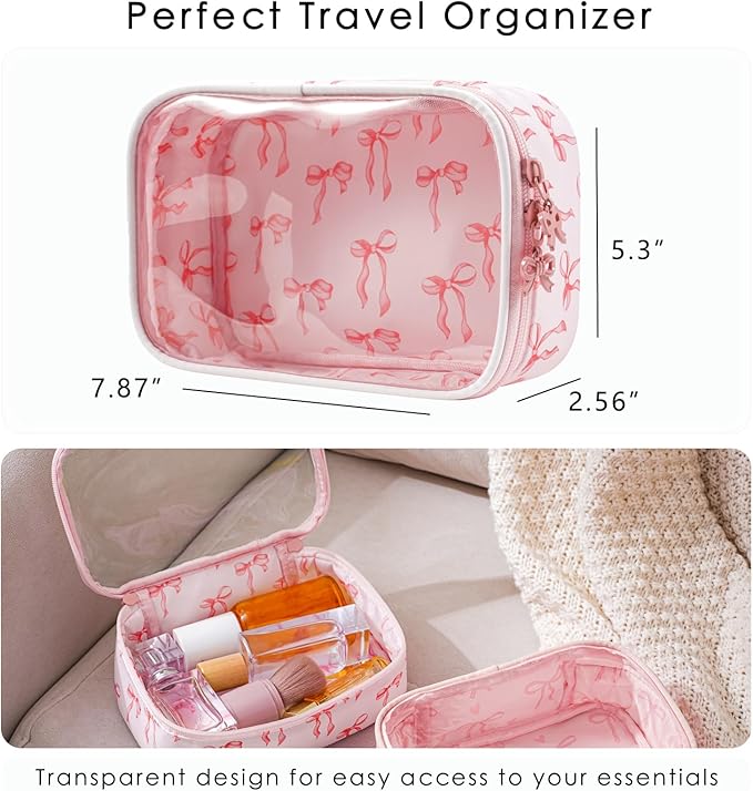 Cute Clear Makeup Bag with Bow Patten,Transparent Nylon Travel Cosmetic Case with Zipper,Portable Makeup Organizer Pouch for Essentials(05Pinkbow-white)