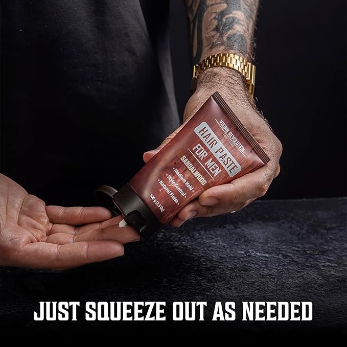 Viking Revolution Hair Paste for Men - Sandalwood Scented Texture Paste - Medium Hold, Natural Finish - Matte Look, Easy Wash Out, Non-Greasy Styling Cream for All Day Control (3.5oz)