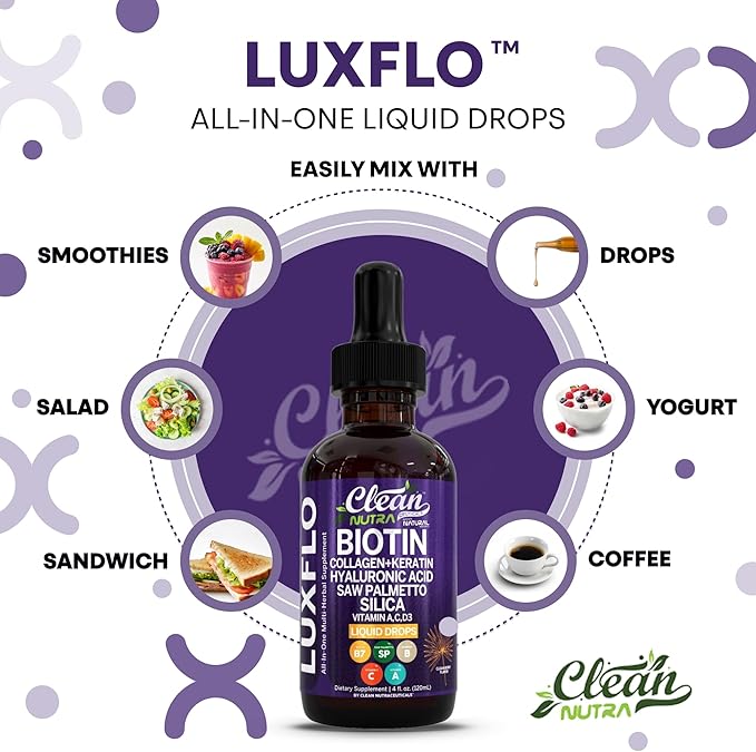 Biotin Liquid Drops Collagen Keratin Hyaluronic Acid Saw Palmetto for Hair Skin and Nails Silica Vitamin A C Vitamin D Bamboo Turmeric Zinc Folate Magnesium Horsetail LuxGlo by Clean Nutra - 2Pack