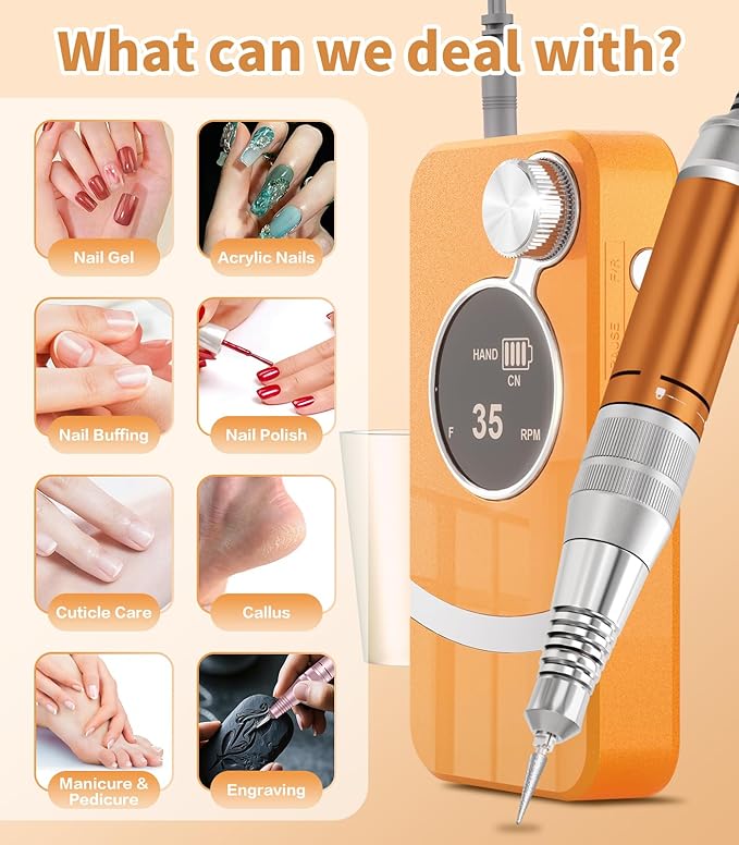 [2025 Upgraded] Electric Nail Drill Professional, Portable Rechargeable 40000 RPM - Cordless Electric Nail File Machine Kit for Acrylic Gel Polishing Removing, Manicure at Home DIY & Salon (Orange)