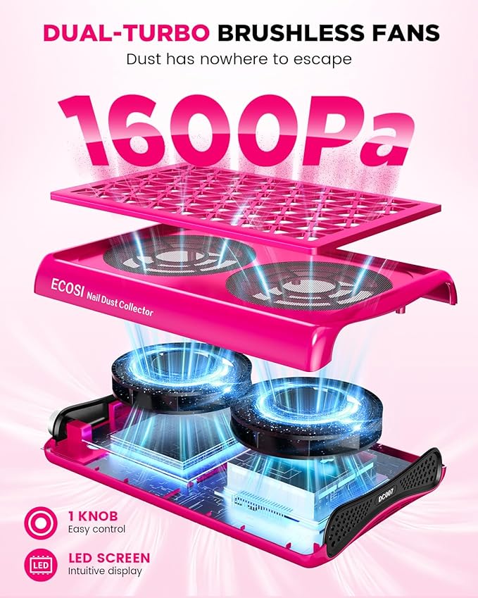 Nail Dust Collector, ECOSI 1600PA Professional Nail Dust Collector, 10-speed Adjustable Suction Nail Fan Dust Collector with Filter Papers (30 Pcs) for Manicure, Salon Nail Tech & Home